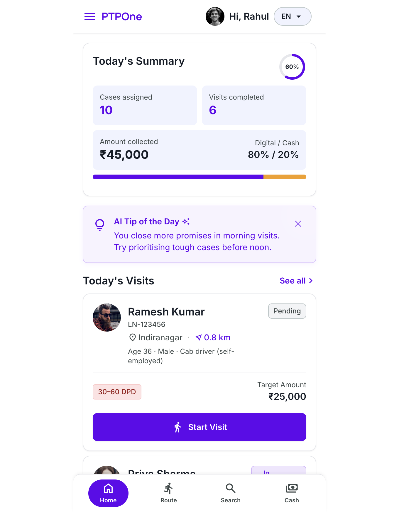 PTPOne agent dashboard with daily summary, AI tip, and visit list
