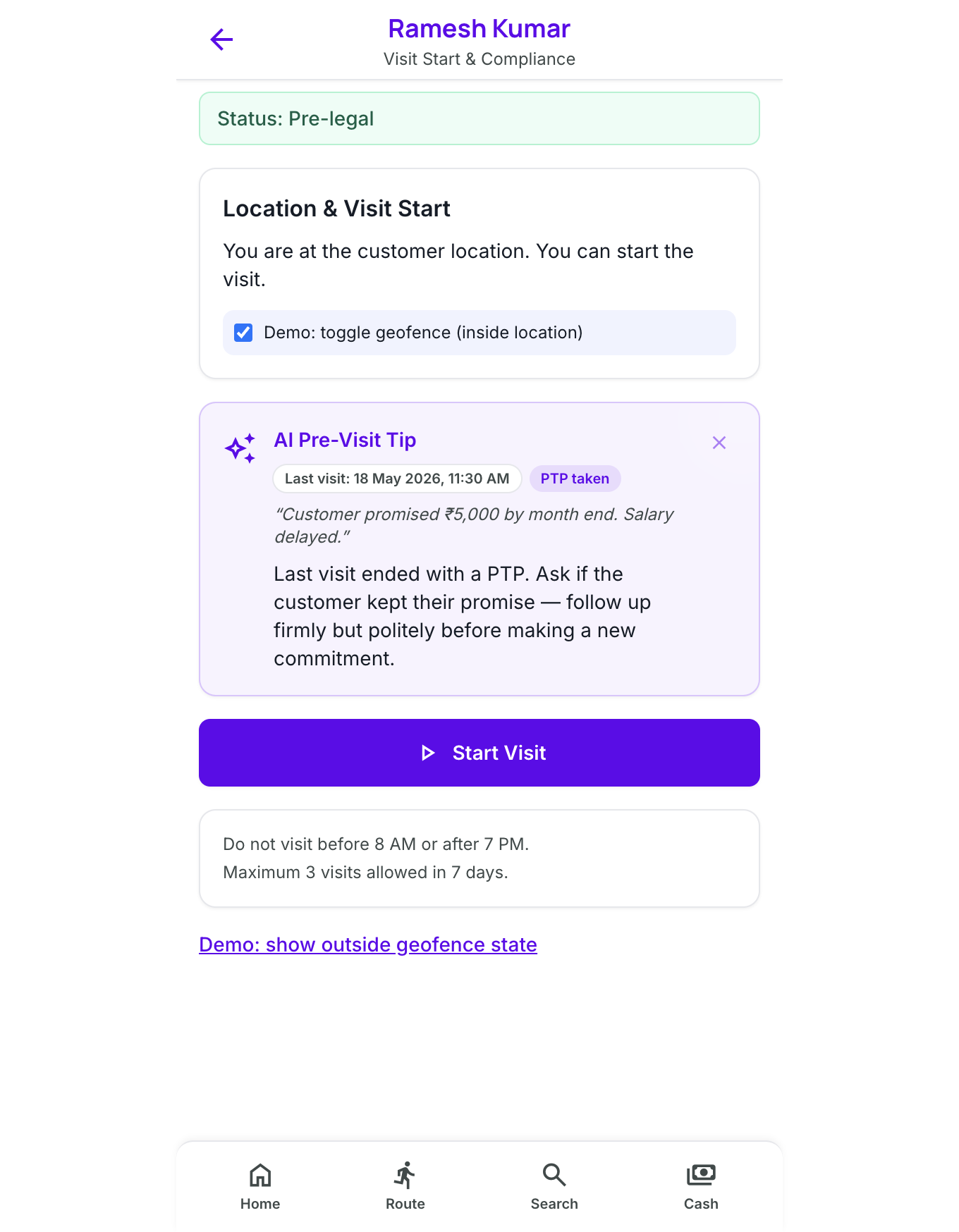 PTPOne visit start with AI pre-visit tip and geofence check